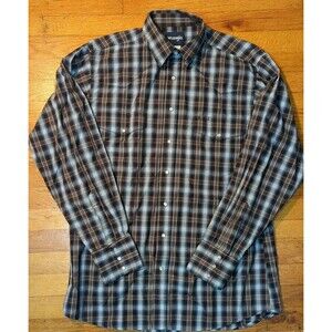 Wrangler Western Shirt Men's Pearl Snap Blue Brown Plaid Sz LT Tall Cowboy EUC